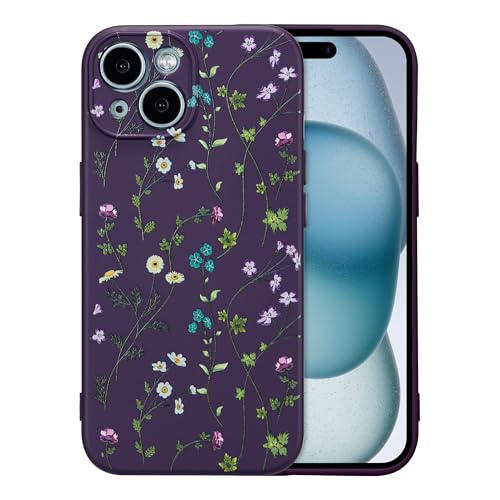 RALEAVO Floral Case for iPhone 15 Plus,Liquid Silicone Cover with Flower Branch Pattern Cute Case for Girls Women Slim Soft Rubber Protective Phone Case for iPhone 15 Plus (6.7"),Dark Purple by RALEAVO - Used condition - CA$5.52