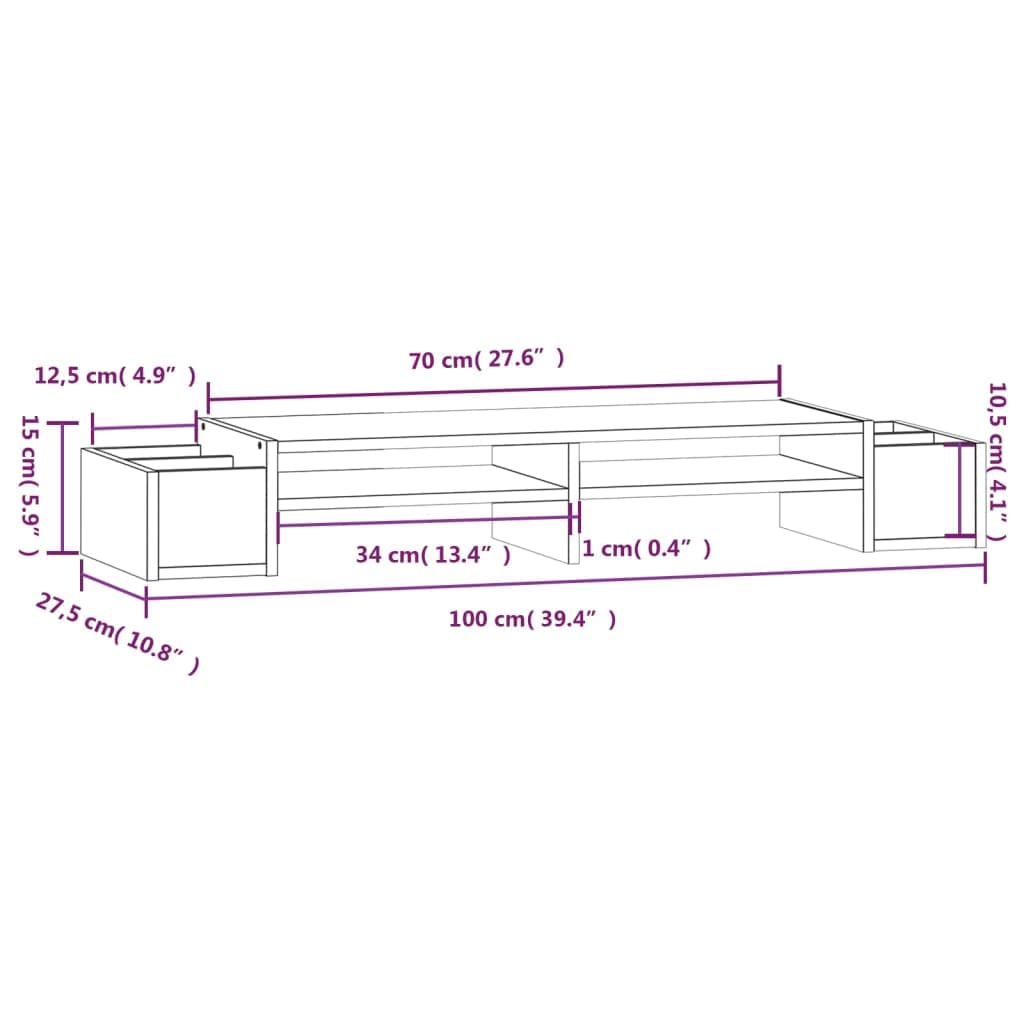 Supporto per monitor in legno di pino massiccio, 100 x 27,5 x 15 cm, scrivania con 4 ripiani, per posto di lavoro, ufficio, casa, organizzazione ergonomica e spazio di archiviazione