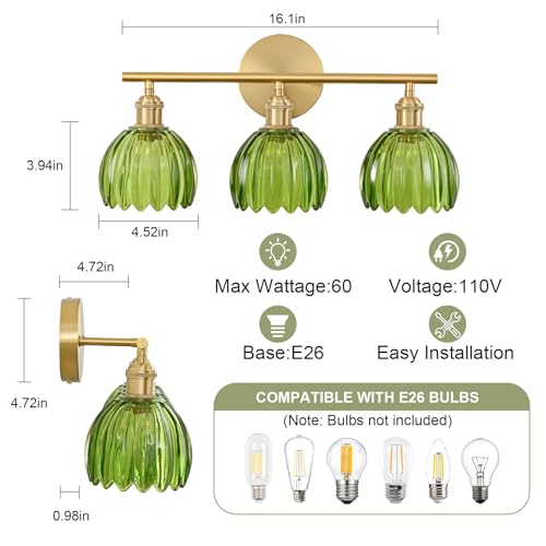 Image of Gold Bathroom Light Fixtures Over Mirror, 3 Light Bathroom Vanity Light with Tulip Green Glass Lampshade, Vintage Vanity Lights for Bathroom, Bathroom Vanity Lights Over Mirror