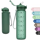 Newfad Water Bottle with Straw, Motivational 32 oz Water Bottles with Time Marker & No Sweat Sleeve,