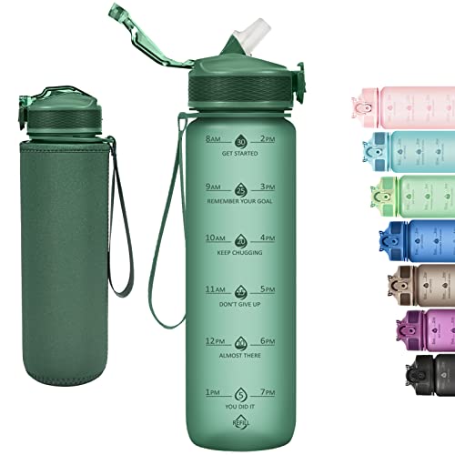 Newfad Water Bottle With Straw, Motivational 32 Oz Water Bottles With Time Marker & No Sweat Sleeve, Bpa Free Leak Proof Gym Bottle With Times To Drink #TOP5