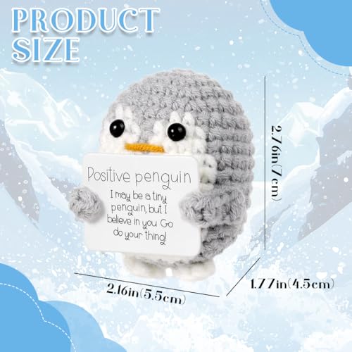 Image of Zibuyu Handmade Crochet Penguin Desk Decor with Positive Message Card Cute Motivational Crochet Toys Gift for Office Home Baby Nursery, Gery