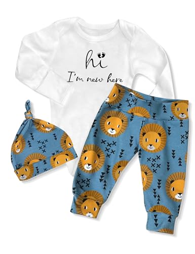 Image of WIQI Newborn Boy Clothes Baby Boy Clothes New Born Clothing Sets 3Pcs Hi I'M New Here Romper Cute Pants Fall Winter Coming Home Outfit