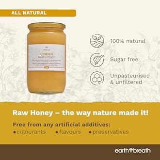 Earthbreath Linden | Lime | Basswood Raw Honey - 1kg - Pure, Unpasteurised and Unfiltered - Natural Sweetener for Cooking, Coffee, Tea, Juice, Drinks, Food