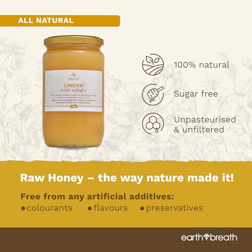 Earthbreath Linden | Lime | Basswood Raw Honey - 1kg - Pure, Unpasteurised and Unfiltered - Natural Sweetener for Cooking, Coffee, Tea, Juice, Drinks, Food