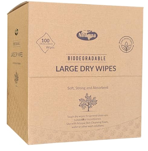 Nilaqua Dry Wipes 100pk | 24 x 30cm | 100% Biodegradable Plastic Free | Make Up Removal Wipe, Skin care, Incontinence, Patient Care or Household Cleaning | Highly Absorbent Strong Wipes (1)