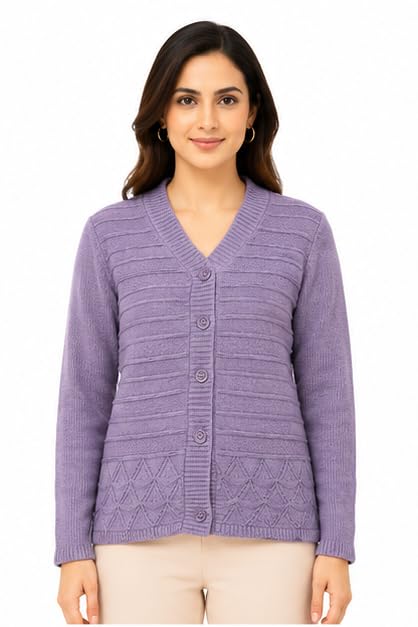 Women's Wool Blend V-Neck Button Front Cardigan Sweater Full Sleeve Self Design Winter Wear Soft Warm Knit Cardigan Lavender-image-28