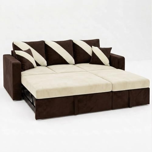 Image of FURNY Trivia 4 Seater RHS Lounger Sofa Cum Bed (Dark Brown - Cream) with Pull-Out Function | Luxury Velvet Suede Finish | Durable Comfort | Ideal for Living Room