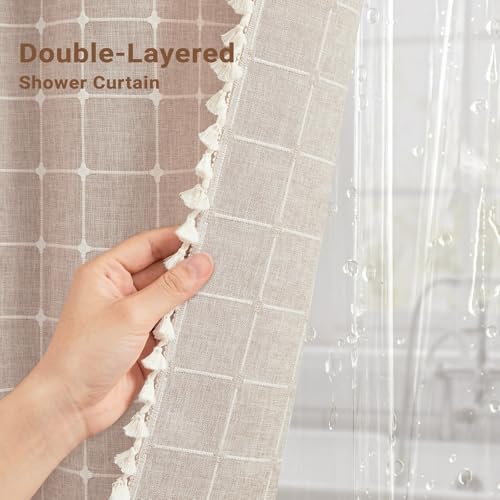 Image of BTTN 3 in 1 Shower Curtain with Liner, 96 Extra Long Boho Linen Cloth Shower Curtain Set with Hook, Tall Farmhouse Bohemian Country Waterproof Fabric Shower Curtain for Bathroom, Taupe, 72x96