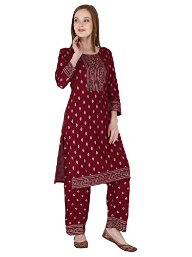Image of Women's Rayon Printed Kurta with Palazzo Set (Small, Maroon Palazzo Set)