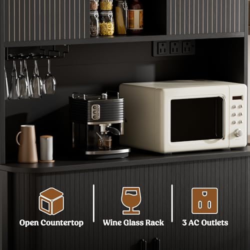 Image of Lulive 71 inch Tall Pantry Cabinet with Rolling & Sliding Doors, 39 inch Wide Kitchen Storage Cabinet with Charging Station and Open Countertop, Modern Kitchen Pantry Cabinet for Dining Room, Black
