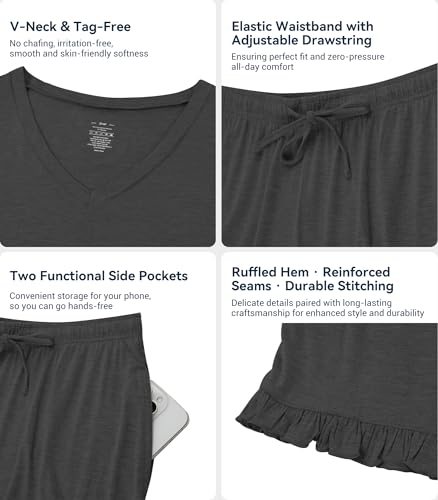 Image of WiWi Womens Pajamas Set Bamboo Viscose Super Soft Short Sleeve Top Ruffle Shorts Sleepwear Cooling Pj Sets S-XXL