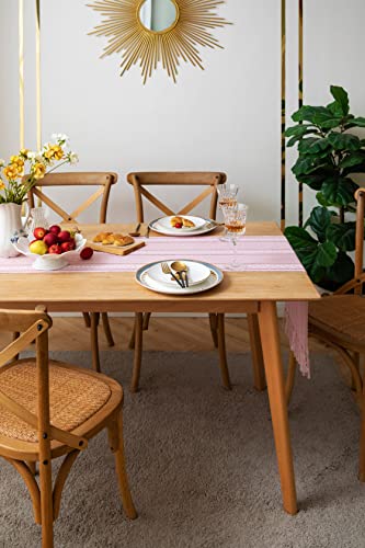 Zeemart Farmhouse Table Runner, Rustic Table Runners 90 Inches Long, Linen Boho Table Runner, Braided Striped Pink Table Runner For Dining Party Holiday, 15X90 Inches, Hollow Pink #TOP3