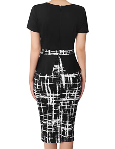 Vfshow Womens Black Geometric Printed Peplum Pleated Slim Front Zipper Wear To Work Business Office Bodycon Pencil Sheath Dress 9508 Blk Xl #TOP4