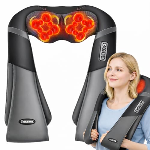 TAKRINK Masajeador Shiatsu 16 Cabezales de Masaje Integrados Masajeador de Hombros Cuello 3 Niveles de Velocidad Dirección Ajustable Relajación con Calor en Oficina Casa