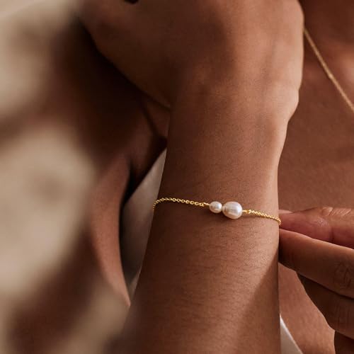 Gold Pearl Bracelets for Women Trendy, 14K Real Gold Plated Bracelet Set Dainty Pearl Bracelet Link Chain Charm Gold Bracelets for Women Non Tarnish Wedding Bridesmaid Gifts4