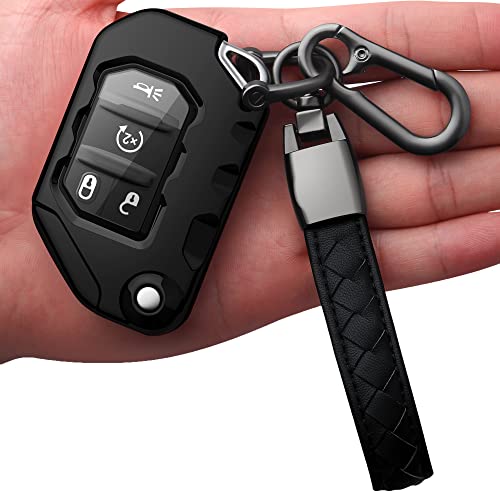 Image of Compatible with Jeep Key Fob Cover With Leather Keychain Soft TPU Protection Key Case for 2018-2026 Wrangler JL JLU Rubicon Wagoneer Gladiator JT Sahara JLU Remote Ke (Black)