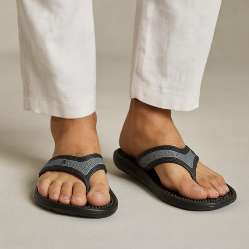 Image of Bata Acupressure Flip Flops for Men, Black Massage Slippers | Nodded Footbed, Reflexology Design, Toe-Post Style, Rubber Sole, Daily Wear