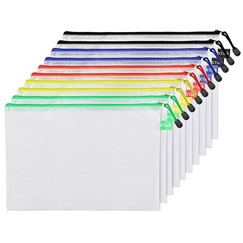 XYark 50 Pack Mesh Zipper Pouch Document Bags Bulk with Holder, Waterproof PVC Plastic Zip File Folders, Fit Letter Size/A4 Size, Organizer for Office School Supplies, Travel Cosmetics Storage Set