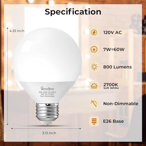 Image of GvvooHome Vanity Light Bulbs for Bathroom, G25 LED Globe Light Bulbs for Makeup Mirror Dressing Room, 60W Equivalent, 2700K Soft White, 800LM, E26 Base, Non-Dimmable, 4-Pack