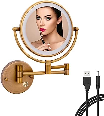 RECKODOR 8" Wall Mounted Makeup Mirror with Lights and Magnification,1X and 5X Magnifying Extending Shaving Mirror, No Pre-Installed Wire and USB Rechargeable, Antique Brass Indoor Arts Ware
