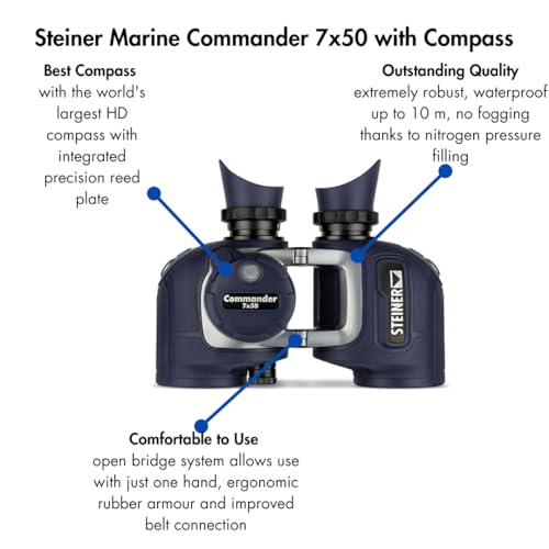 Image of Steiner Optics Commander 7x50 Marine Binoculars with Integrated HD-Stabilized Compass - Professional Waterproof Boating Optics with Sports-Auto-Focus - German Qaulity and Heritage Warranty. | 7x50 Marine Binos with HD-Stabilized Integrated Compass, Sports Auto-Focus, Waterproof to 10m, Includes Swim Strap and Pouch