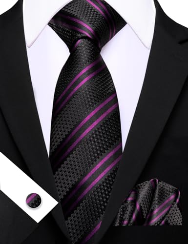 Image of Barry.Wang Man Stripe Ties Set Silk Woven Pocket Square Necktie Cufflinks Formal Party Business, Black Purple