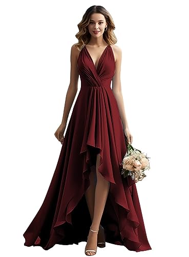 Women's V Neck Ruffle Chiffon Bridesmaid Dresses Long High Low Formal Evening Gown