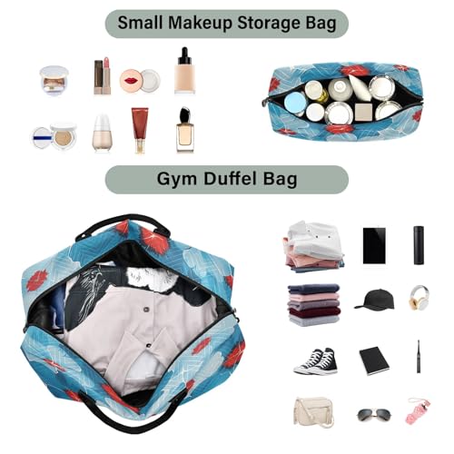 Weekender Bags Travel Duffel Gym Bag Blue and Red Floral Pattern Carry on Overnight Tote Bag with Toiletry Bag for Airplane Travel Trip Gym Yoga4