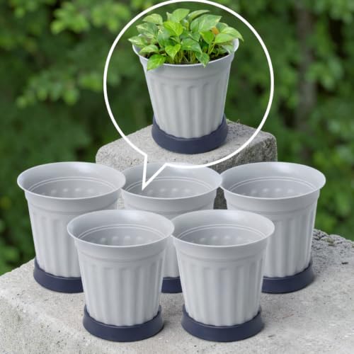 Image of TechHark Gray Plastic Plant Pots with Saucer, Ribbed Style, for Indoor and Outdoor Use, Set of 5