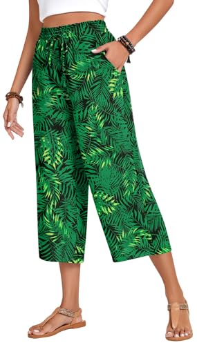Anyhold Womens Plus Size Capri Pants Loose High Waisted Wide Leg Lounge Pants Drawstring Casual Palazzo Trousers with Pockets 2X-Large, Leaf Green