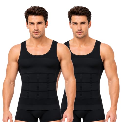 Image of Wearslim Men Compression Shirt For Workout Vest Abs Abdomen Slim Body Shaper Undershirt Slimming Shirt to Hide Gynecomastia Stretchable Tummy Tucker Vest - Pack of 2 - (Black & White)