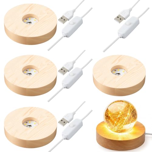 Sileasncei 4PCS Lighted Base for Glass Art, 4 Inch Wooden LED Display Stand