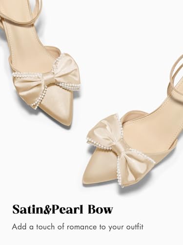 Image of Coutgo Womens Satin Kitten Low Heels Bow Pearl Closed Pointed Toe Pumps Ankle Strap Wedding Dress Shoes