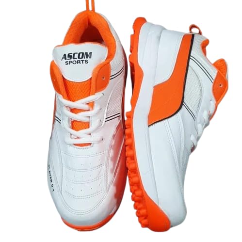 ASCOM Sports Cricket Shoes, White and Orange, Spiked Sole-image-38