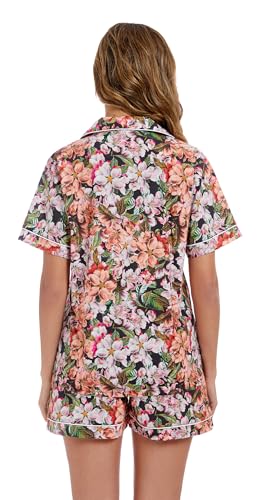 Image of LUBOT 100% Cotton Pajamas for Women 2 Piece PJ Set Poplin Woven Lightweight Ladies Button Short Sleeve Sleepwear S-XXL
