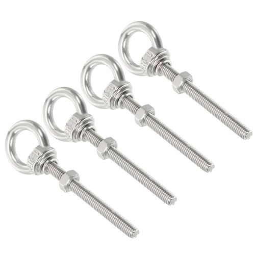 Image of uxcell M6*60 1 /4 inchx2.36 inch Stainless Steel Eye Bolts Threaded Screw Eyebolt Shoulder Ring with Nuts Washers for Lifting Hanging, 4 Set
