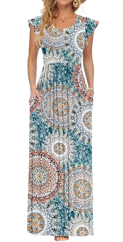AUSELILY Vestido Largo Bohemia Mujer Casual Manga Corta Vestido de Verano Dos Bolsillo Cuello Redondo Suelto Boho Falda de Playa(Verde Boho,L)