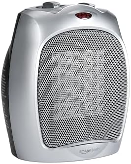 Amazon Basics Ceramic Space Heater, Portable Indoor Heating Solution, With Overheat and Tip-Over Protection, Thermostat, Non-Oscillating, 1500W, Fast Heating, 7.52"D x 6.34"W x 9.45"H, Silver