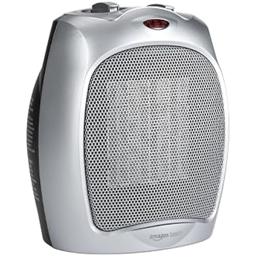 Amazon Basics Ceramic Space Heater, Portable Indoor Heating Solution, With Overheat and Tip-Over Protection, Thermostat, Non-Oscillating, 1500W, Fast Heating, 7.52"D x 6.34"W x 9.45"H, Silver