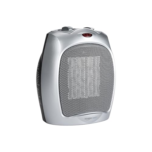 Amazon Basics Ceramic Space Heater, Portable Indoor Heating Solution, With Overheat and Tip-Over Protection, Thermostat, Non-Oscillating, 1500W, 7.52″D x 6.34″W x 9.45″H, Silver
