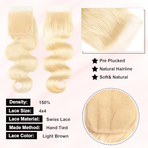 Image of 613 Blonde Body Wave Bundles Human Hair with Closure (20 22 24+18 inch) 16A Grade Brazilian Virgin 613 Blonde Body Wave Human Hair 3 Bundles with Transparent Lace Closure