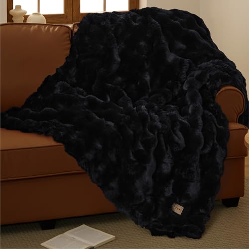 Bedsure GentleSoft Fluffy Faux Fur Throw Blanket for Couch, Soft Fuzzy Bubble Blanket Home Decor Gifts for Bedroom Living Room, Thick Warm Furry Cozy Gifts for Women, Black, 50x60 Inch