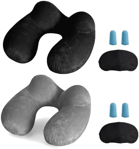 MOCOCITO 2-Set Reisekissen Aufblasbares/Nackenkissen Ergonomisch Aufblasbare Hergestellt waschbarem Kissenbezug Nackenhörnchen ideal für Reisen mit dem Auto, Flugzeug, Zug, Büro(Sc