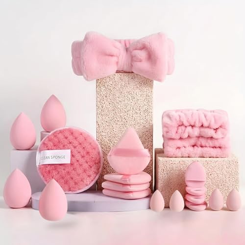 Image of 20pc Essential Makeup Sponge Kit Set - Soft-Touch Makeup Sponges for Cream & Liquid - Aesthetic Bow Spa Set & Wristbands - Under-Eye Precision Puffs & Blender Cleaner - Complete Beauty Organizer Kit for Girls & Women (Baby Pink Edition)