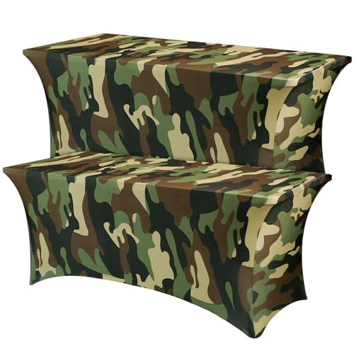 Mindsoft 2 Pack 6ft Rectangular Spandex Tablecloth Camouflage Table Cloth Fitted & Wrinkle Resistant Washable Camo Table Cover for Army Party Supplies Military Party Decoration