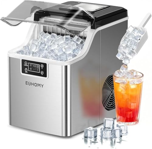 EUHOMY Ice Cube Maker Machine Countertop 2 Ways to Add Water 45Lbs/Day 24 Pcs Ready in 13 Mins Auto-Cleaning Portable Compact with Ice Scoop & Basket Perfect for Home/Kitchen/Office/Bar (Silver)