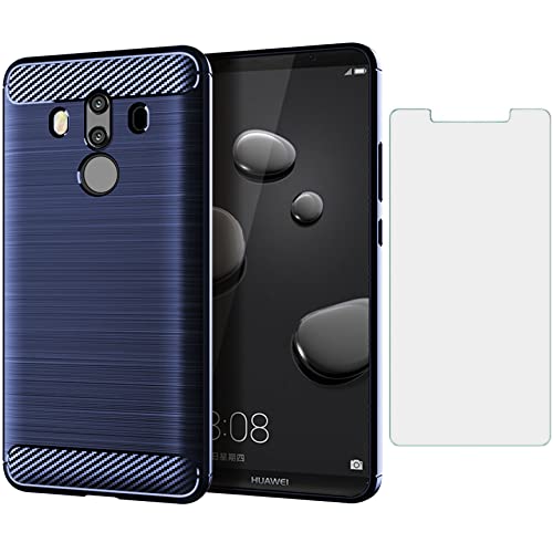 Asuwish Phone Case for Huawei Mate 10 Pro with Tempered Glass Screen Protector Cover and Cell Accessories Soft Silicone Slim Protective Hawaii Mate10Pro Mate10 10Pro Women Men Carbon Fiber Navy Blue