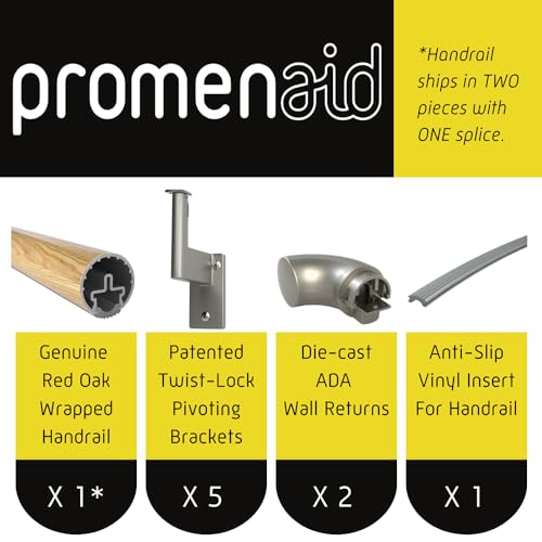 Promenaid 10 ft. Handrail Kit - Complete Indoor Hand Rail Kit for Steps – Shipped in 2 Pieces - Genuine Red Oak Bonded to Aluminum Core with 5 Matte Nickel Wall Brackets and ADA Returns – 1.6” Round