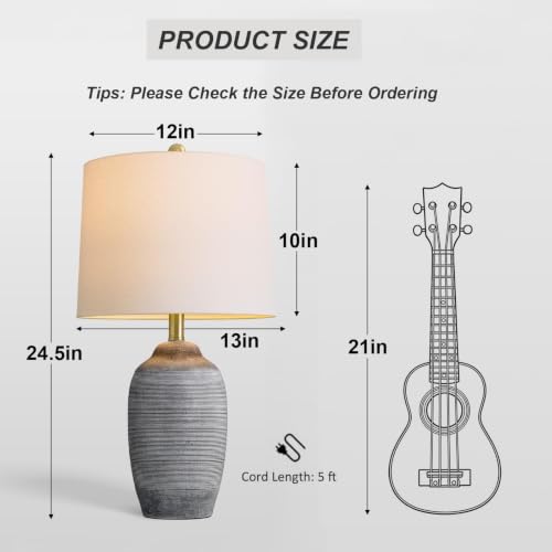 Image of 24.5 inch Ceramic Rustic Lamp for Living Room with Pre-Attached Shade | Single Gray Bedside Lamps, Hand-Textured Farmhouse Vintage Table Lamps for Bedroom Nightstands, End Table Home Decor,5FT Cord